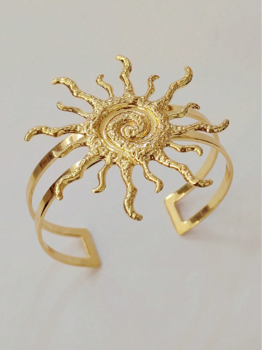 Golden Sun Circle Flower Open Cuff Bracelet | Trendy Gold Bangle Jewelry