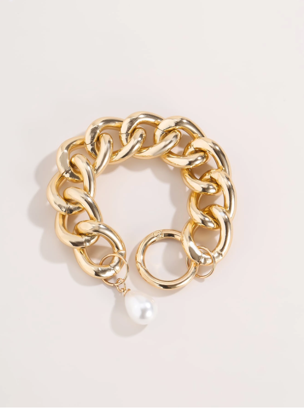 Faux Pearl Decor Chain Bracelet | Elegant Gold-Tone Chunky Chain Bangle in Old Money Style