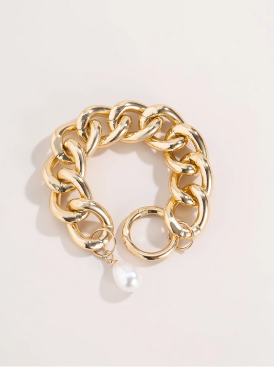 Faux Pearl Decor Chain Bracelet | Elegant Gold-Tone Chunky Chain Bangle in Old Money Style
