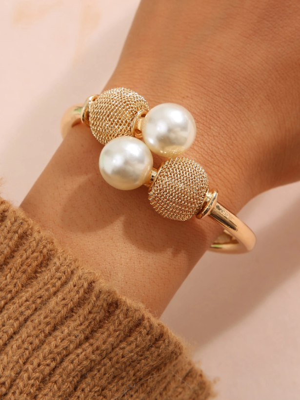Faux Pearl Decor Bangle Bracelet | Elegant Gold-Tone Cuff with Minimalist Pearl Detailing