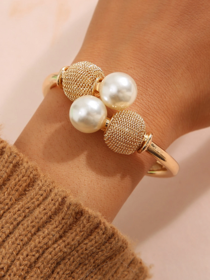 Faux Pearl Decor Bangle Bracelet | Elegant Gold-Tone Cuff with Minimalist Pearl Detailing