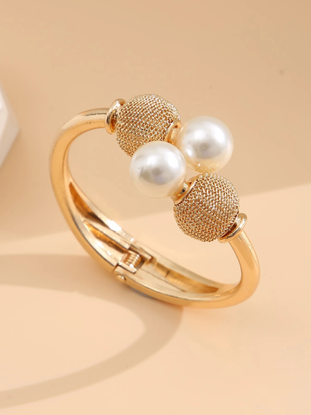 Faux Pearl Decor Bangle Bracelet | Elegant Gold-Tone Cuff with Minimalist Pearl Detailing