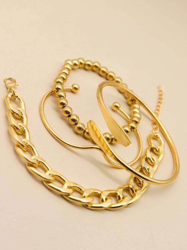 4pcs Asymmetrical Chain Beaded Gold Bracelet Set | Layered Old Money Style Wrist Accessory