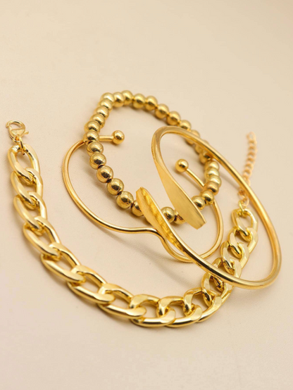 4pcs Asymmetrical Chain Beaded Gold Bracelet Set | Layered Old Money Style Wrist Accessory
