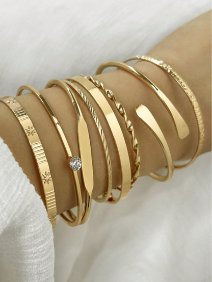 8pcs European & American Style Hammered Floral Hexagram Bangle Set | Twist Open Gold & Silver Bracelets