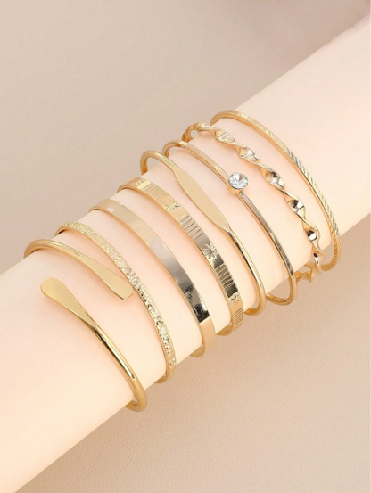 8pcs European & American Style Hammered Floral Hexagram Bangle Set | Twist Open Gold & Silver Bracelets