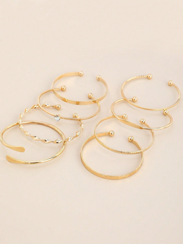 8pcs European & American Style Hammered Floral Hexagram Bangle Set | Twist Open Gold & Silver Bracelets