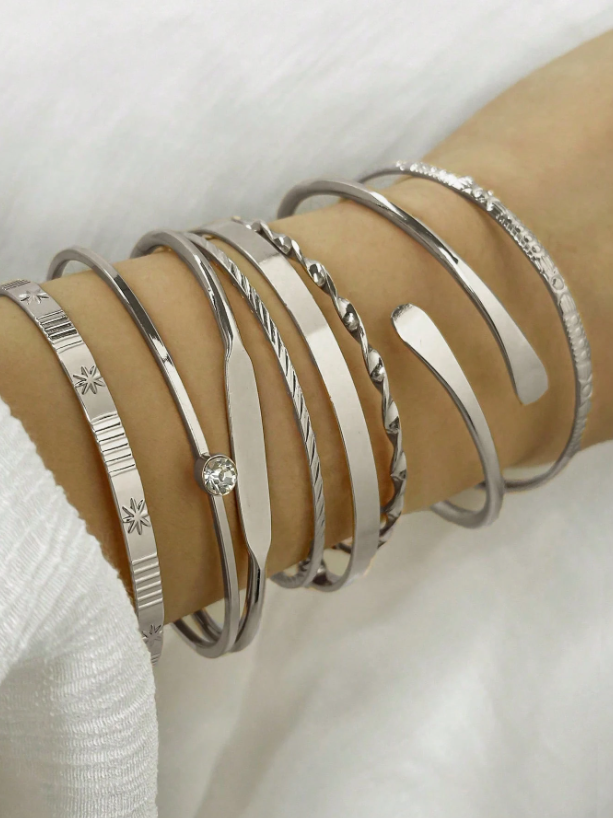 8pcs European & American Style Hammered Floral Hexagram Bangle Set | Twist Open Gold & Silver Bracelets