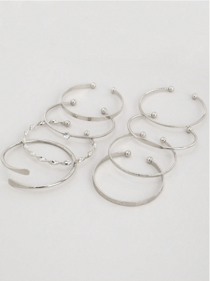 8pcs European & American Style Hammered Floral Hexagram Bangle Set | Twist Open Gold & Silver Bracelets