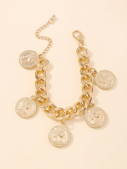 Geometric Coin Pendant Chunky Bracelet | Trendy Gold Chain Bangle for Daily & Casual Wear
