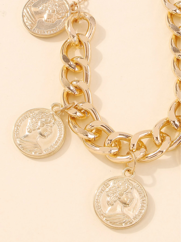 Geometric Coin Pendant Chunky Bracelet | Trendy Gold Chain Bangle for Daily & Casual Wear