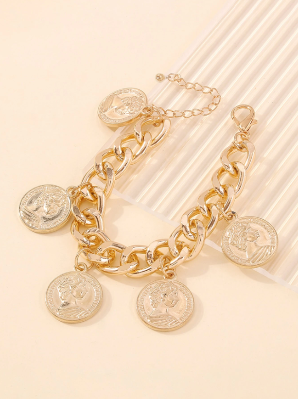 Geometric Coin Pendant Chunky Bracelet | Trendy Gold Chain Bangle for Daily & Casual Wear