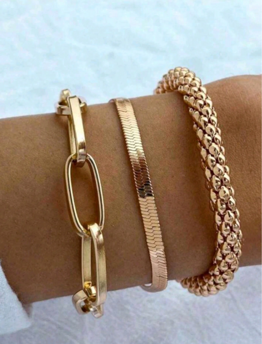 Set of 3 Snake Bone Chain Bracelets | Trendy Gold Layered Bracelet Set for Daily & Casual Wear