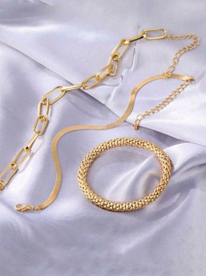 Set of 3 Snake Bone Chain Bracelets | Trendy Gold Layered Bracelet Set for Daily & Casual Wear