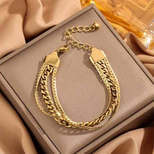 Triple Layered Crossed Hand Chain Bracelet | 18K Plated French-Style Gold Stainless Steel Bracelet for Daily & Party Wear
