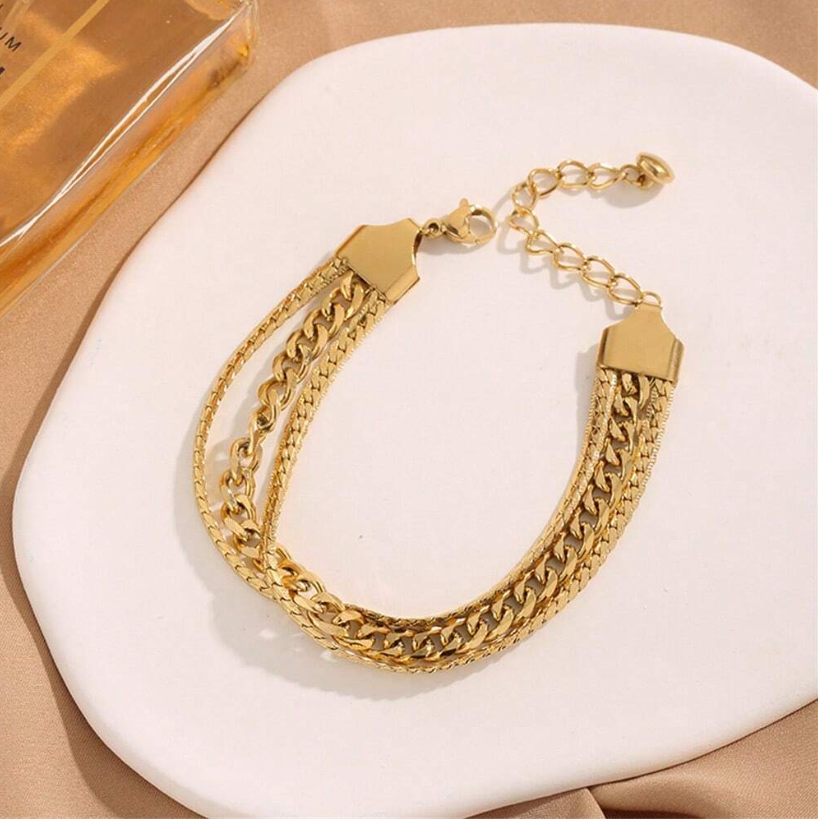 Triple Layered Crossed Hand Chain Bracelet | 18K Plated French-Style Gold Stainless Steel Bracelet for Daily & Party Wear