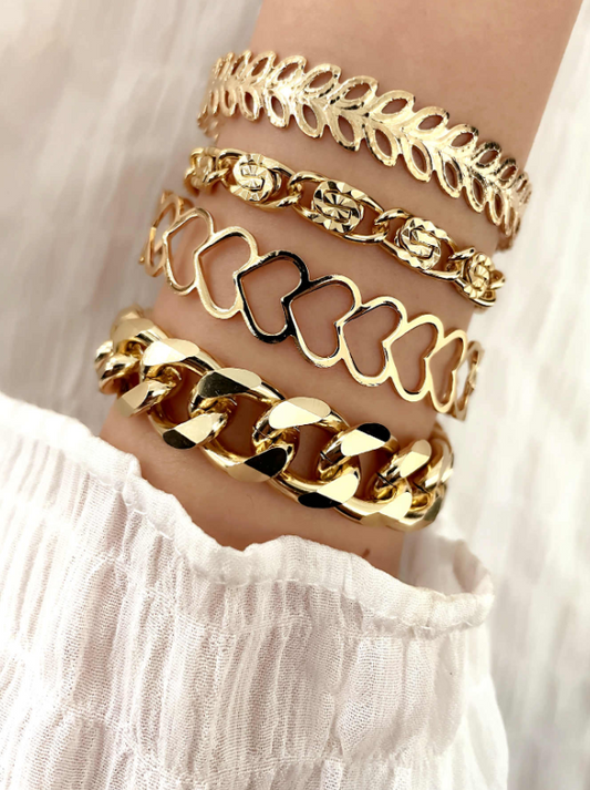 4pcs Heart & Leaf Decor Bracelet Set | Gold Layered Charm Bracelets