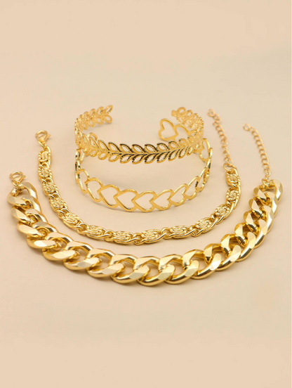 4pcs Heart & Leaf Decor Bracelet Set | Gold Layered Charm Bracelets