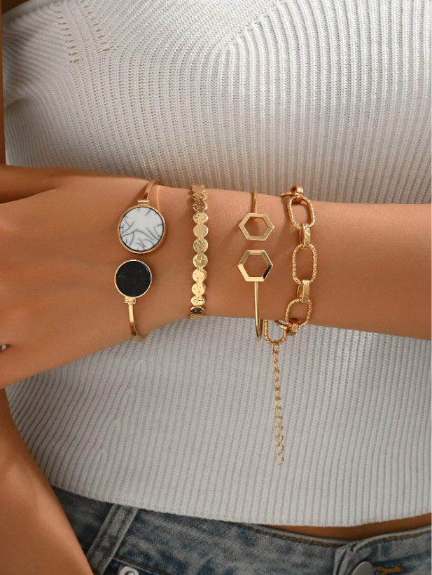4pcs Turquoise Open Bangle Bracelet Set | Boho Gold Layered Bracelets for Daily & Festive Wear
