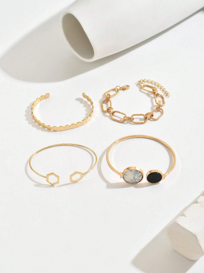 4pcs Turquoise Open Bangle Bracelet Set | Boho Gold Layered Bracelets for Daily & Festive Wear