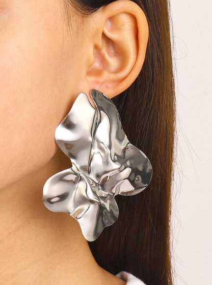 Exaggerated Ruffle Petal Stud Earrings | Trendy Textured Metal Floral Statement Jewelry