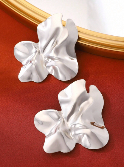Exaggerated Ruffle Petal Stud Earrings | Trendy Textured Metal Floral Statement Jewelry