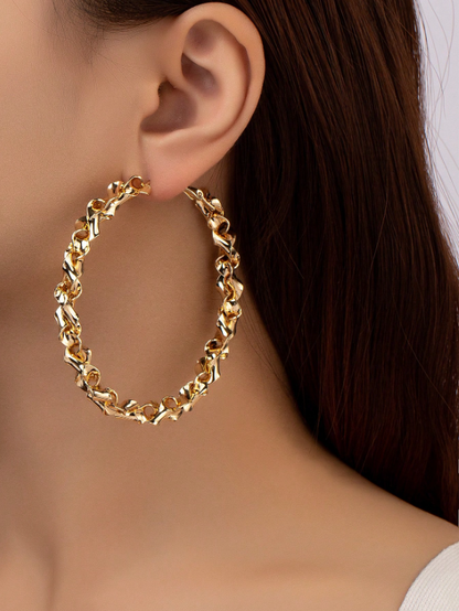 Exaggerated Woven Metal Hoop Earrings | Trendy Textured Round Statement Jewelry