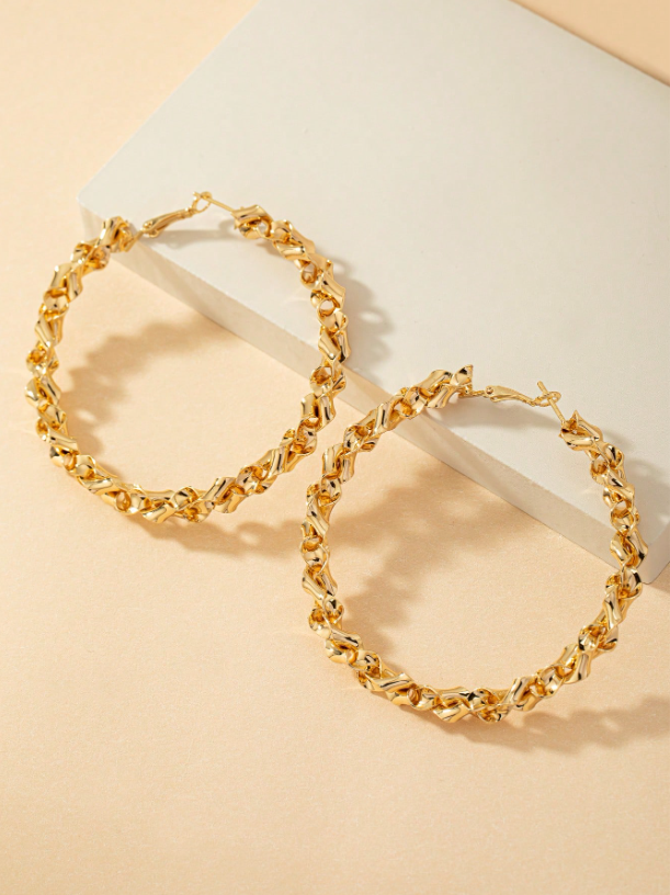 Exaggerated Woven Metal Hoop Earrings | Trendy Textured Round Statement Jewelry