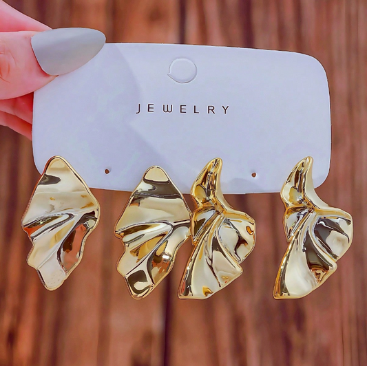 2 Pairs Abstract Folded Metal Earrings | Sculptural Gold Statement Jewelry Set