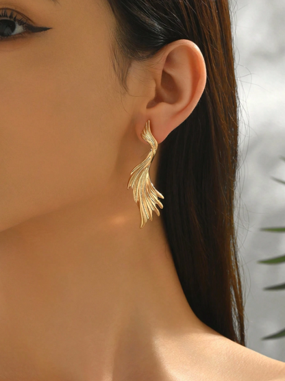 Stylish Gold Geometric Leaf S-Shaped Long Earrings | Elegant Statement Party Jewelry