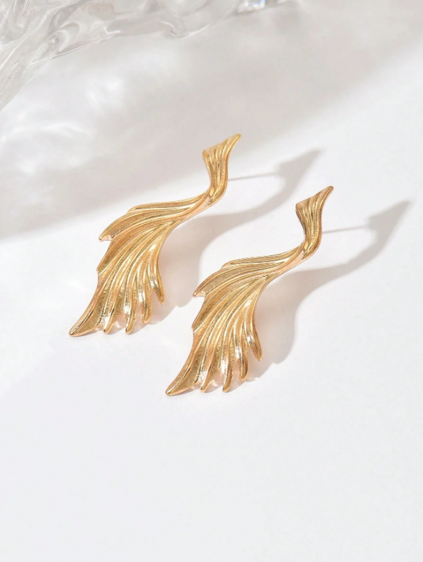 Stylish Gold Geometric Leaf S-Shaped Long Earrings | Elegant Statement Party Jewelry