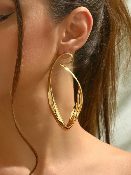 Gold S-Shaped Twisted Leaf Long Earrings | Elegant Geometric Statement Jewelry