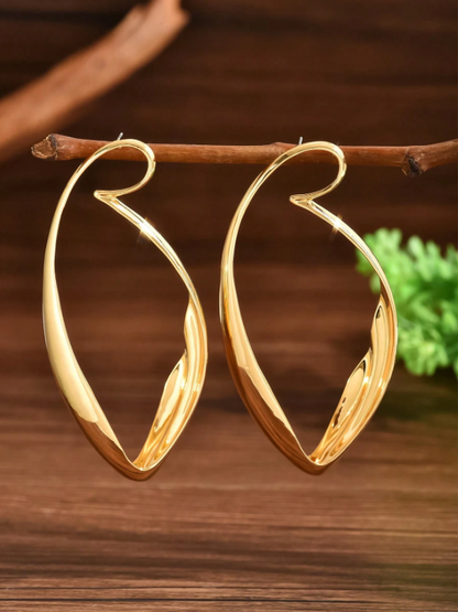 Gold S-Shaped Twisted Leaf Long Earrings | Elegant Geometric Statement Jewelry
