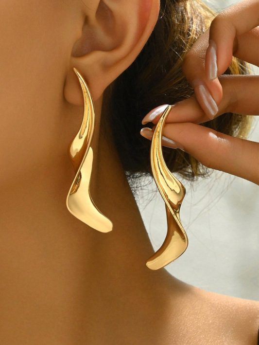 Gold Abstract S-Shaped Long Earrings | Modern Geometric Statement Jewelry