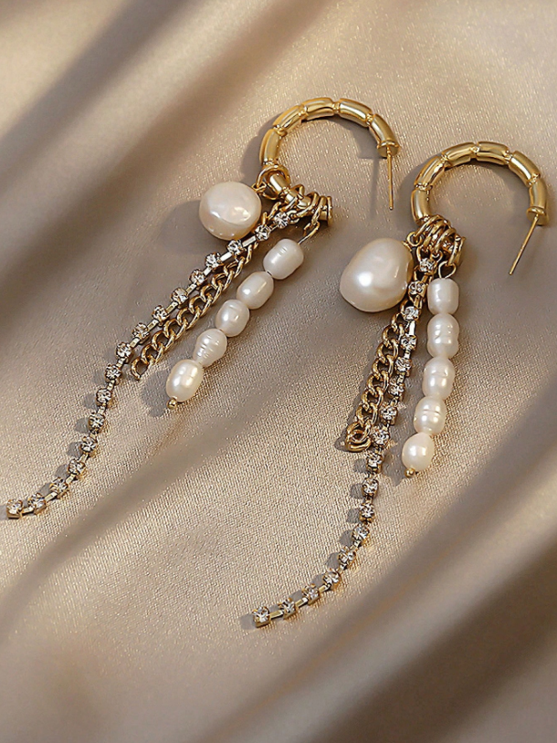 Elegant Faux Pearl Drop Earrings | Classic Yellow Gold Dangle Earrings