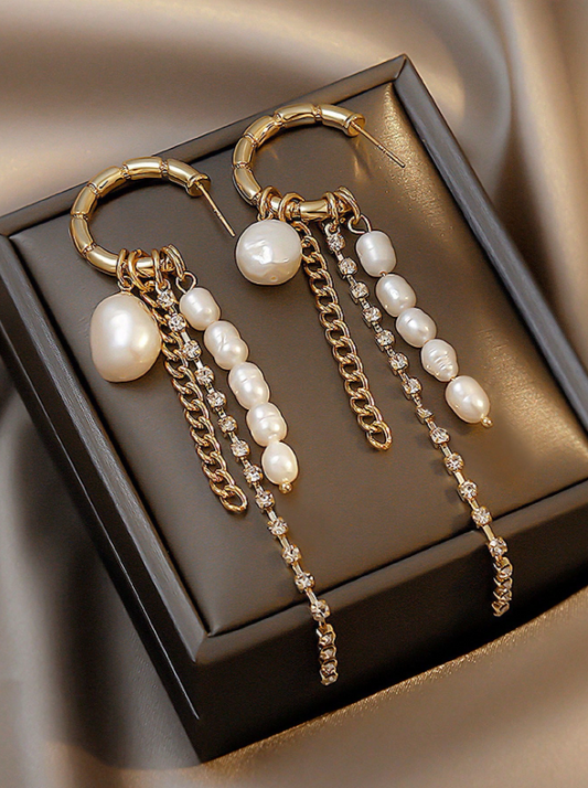 Elegant Faux Pearl Drop Earrings | Classic Yellow Gold Dangle Earrings