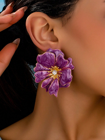 Elegant Enamel Crystal Flower Stud Earrings – Versatile Rhinestone Floral Jewelry for Parties & Festive Looks