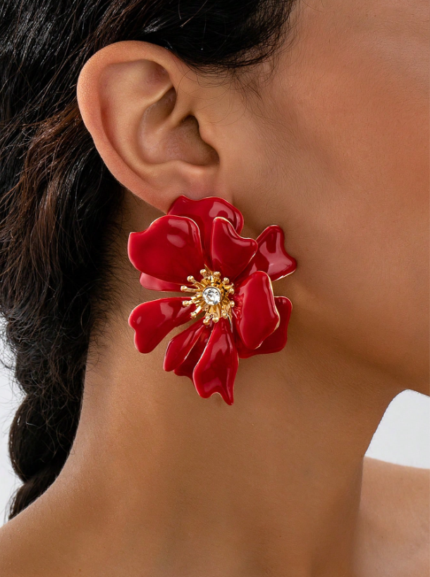 Elegant Enamel Crystal Flower Stud Earrings – Versatile Rhinestone Floral Jewelry for Parties & Festive Looks