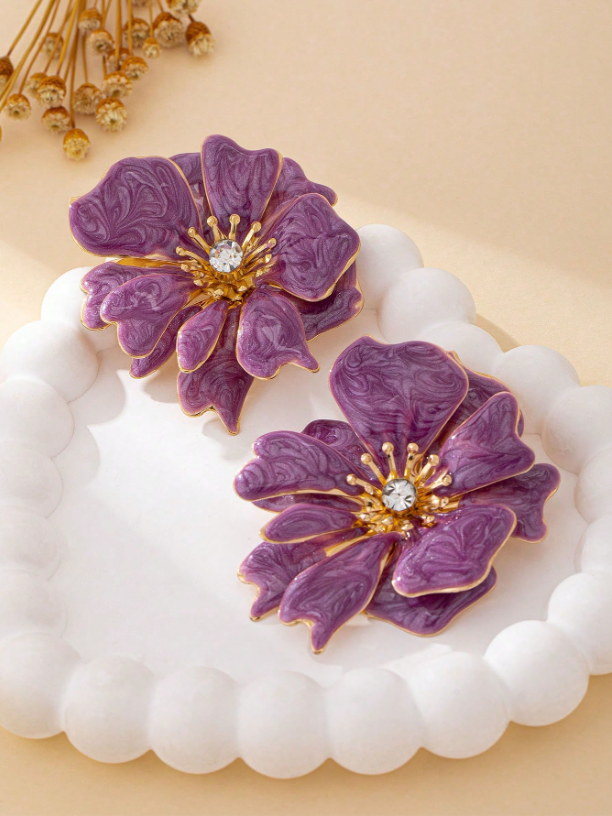 Elegant Enamel Crystal Flower Stud Earrings – Versatile Rhinestone Floral Jewelry for Parties & Festive Looks