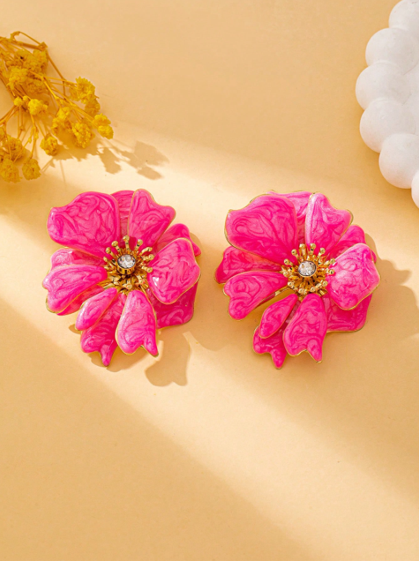 Elegant Enamel Crystal Flower Stud Earrings – Versatile Rhinestone Floral Jewelry for Parties & Festive Looks