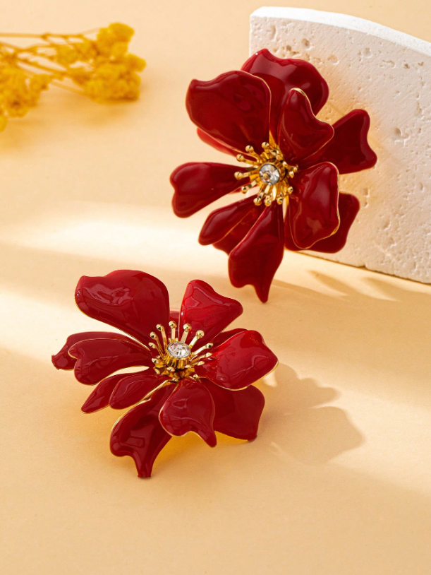 Elegant Enamel Crystal Flower Stud Earrings – Versatile Rhinestone Floral Jewelry for Parties & Festive Looks