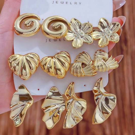 6 Pairs Asymmetrical Geometric Gold-Tone Earrings Set – Vintage Minimalist Chic Studs for Daily & Party Wear