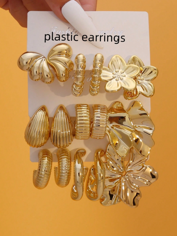 9 Pairs Gold-Tone Earrings Set – Floral, Butterfly & Geometric Studs