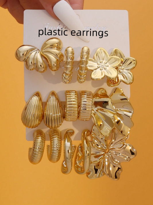 9 Pairs Gold-Tone Earrings Set – Floral, Butterfly & Geometric Studs