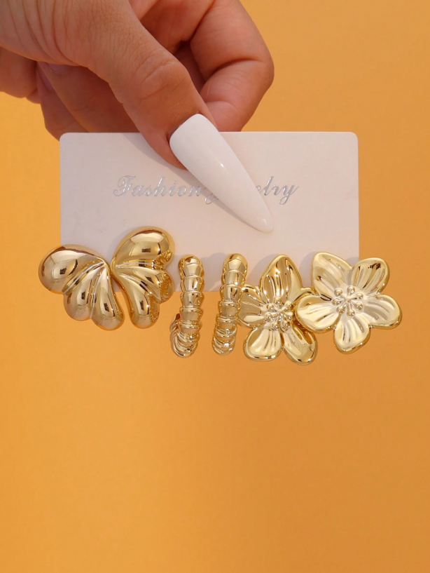 9 Pairs Gold-Tone Earrings Set – Floral, Butterfly & Geometric Studs