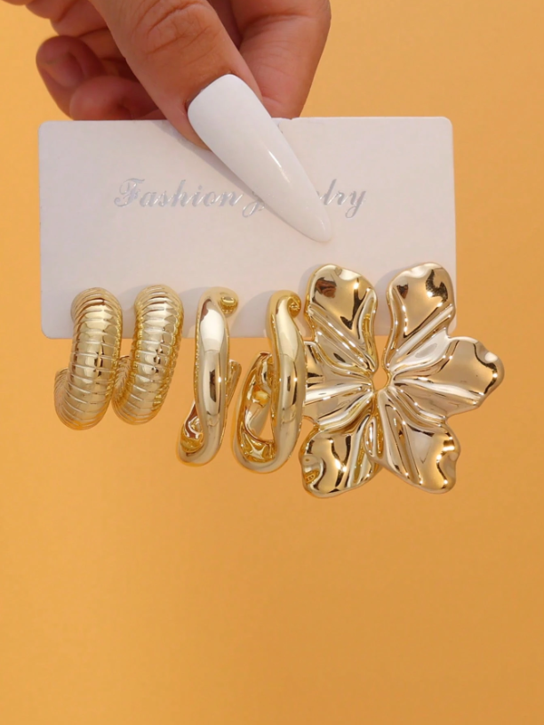 9 Pairs Gold-Tone Earrings Set – Floral, Butterfly & Geometric Studs
