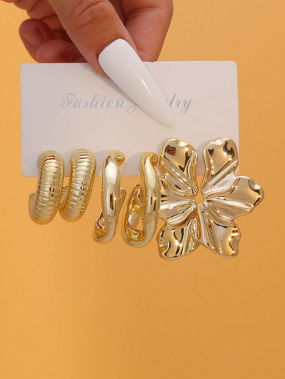 9 Pairs Gold-Tone Earrings Set – Floral, Butterfly & Geometric Studs