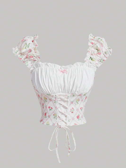 Pink Slim Fit Knitted Floral Tie-Strap Ruffled Tank Top | Boho Floral Ruched Camisole