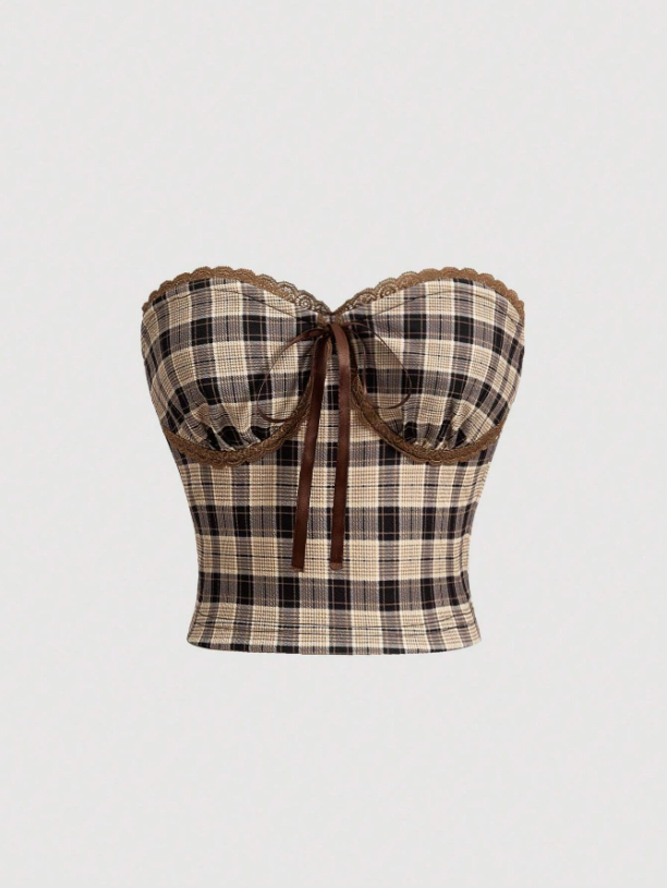 Women’s Plaid & Leopard Lace Tube Boho Top | Slim Fit Strapless Knot Detail Party Bandeau Top