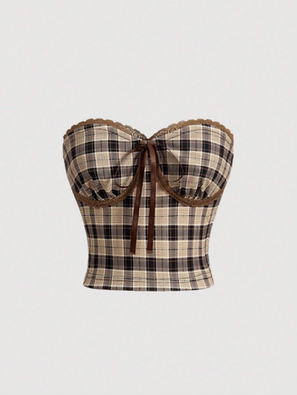 Women’s Plaid & Leopard Lace Tube Boho Top | Slim Fit Strapless Knot Detail Party Bandeau Top